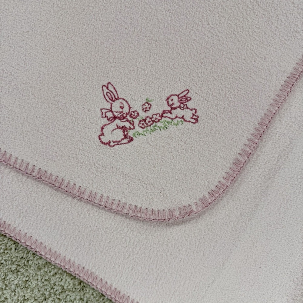 Amy Coe Baby Blanket Pink Bunny Rabbits Flower Fleece VTG Limited Edition Cotton